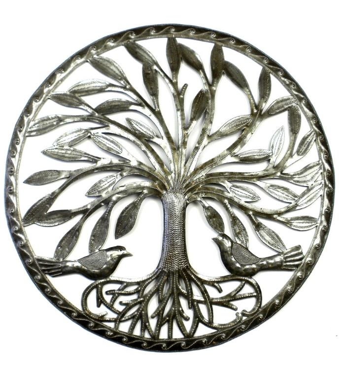Recycled Steel Haitian Art Modern Rooted Tree Of Life With Birds, 23"